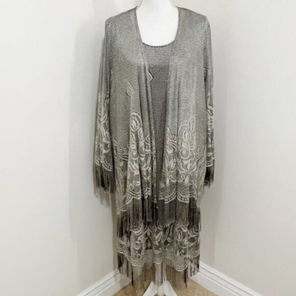 Onyx Nite Dresses & Skirts - Onyx Nite Vintage Wendye Chaitin Silver Metallic Mesh Fringe Midi Dress & Duster